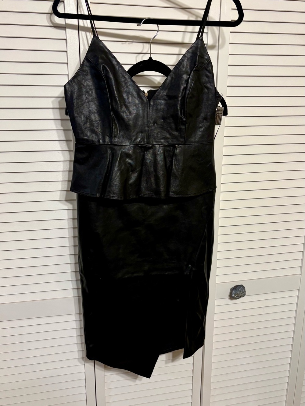 Black Faux Leather Peplum Cami Top with Matching Midi Skirt with Thigh Slit